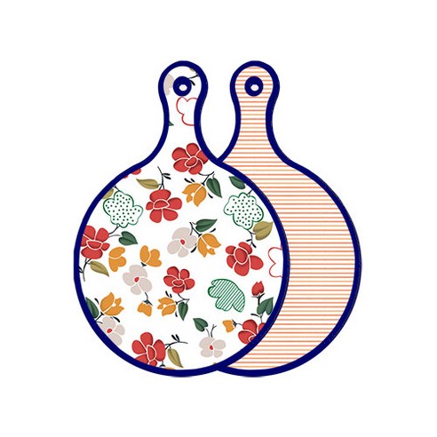 로엠디자인 블루에디션 양면 디자인 원형 서빙도마 floral목련패턴, 주홍라인, 1개