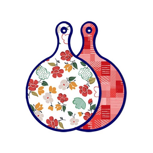 로엠디자인 블루에디션 양면 원형 서빙 도마 floral 목련 패턴, 장단색체크, 1개