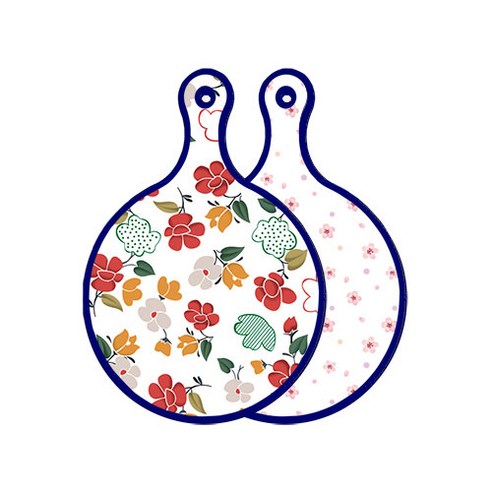 로엠디자인 블루에디션 양면 원형 서빙 도마 floral 목련 패턴, 연분홍나팔꽃, 1개
