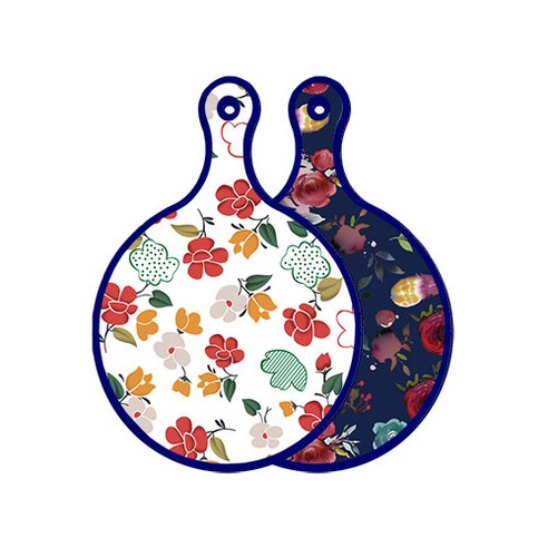 로엠디자인 블루에디션 양면 원형 서빙 도마 floral 목련 패턴, 블루톤플라워, 1개