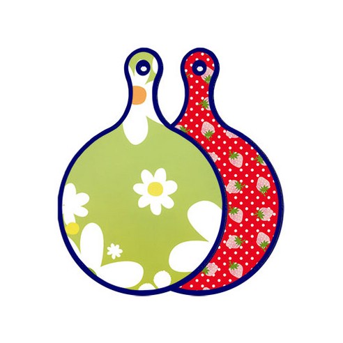 로엠디자인 블루에디션 양면 원형 서빙 도마 floral design하얀개나리, 레드딸기, 1개