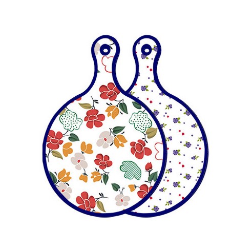 로엠디자인 블루에디션 양면 원형 서빙 도마 floral 목련 패턴, 블루베리, 1개