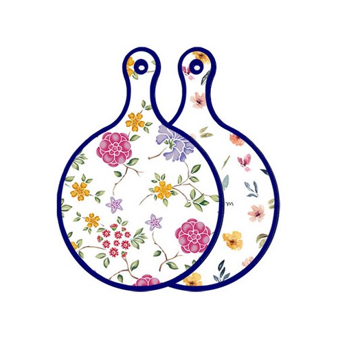 로엠디자인 블루 에디션 양면 원형 서빙 도마 보드 로맨틱레드floral화이트, 파스텔플라워패턴, 1개