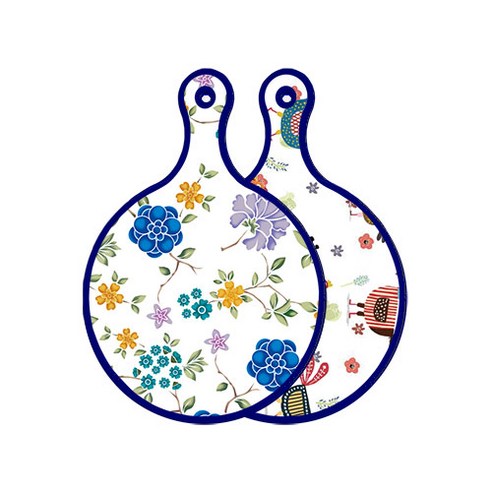 로엠디자인 블루 에디션 양면 원형 서빙 도마 보드 로맨틱블루floral화이트, 닭패턴, 1개
