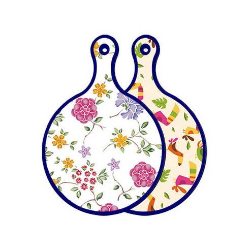 로엠디자인 블루 에디션 양면 원형 서빙 도마 보드 로맨틱레드floral화이트, 구관조담황색, 1개