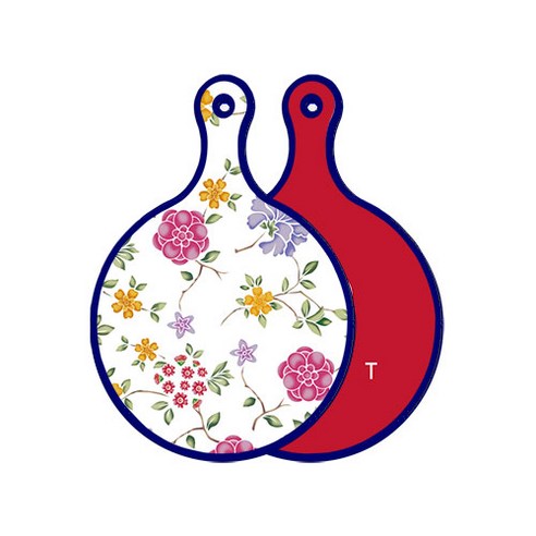 로엠디자인 블루 에디션 양면 원형 서빙 도마 보드 로맨틱레드floral화이트, 미트레드, 1개