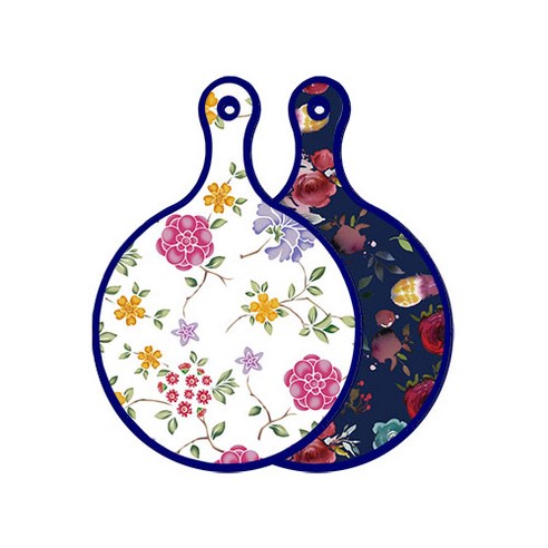로엠디자인 블루 에디션 양면 원형 서빙 도마 보드 로맨틱레드floral화이트, 블루톤플라워, 1개