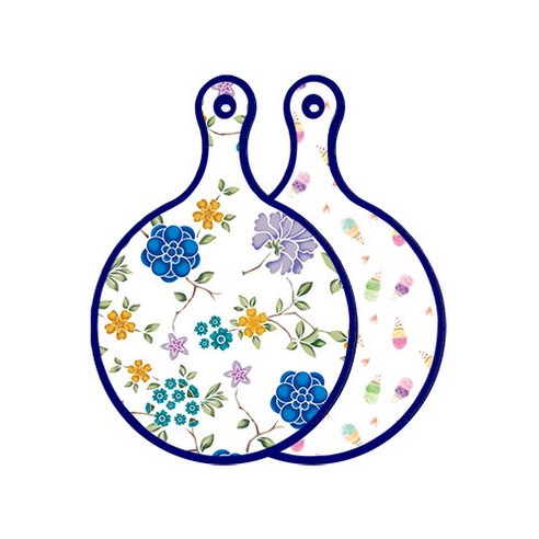 로엠디자인 블루 에디션 양면 원형 서빙 도마 보드 로맨틱블루floral화이트, 아이스크림, 1개