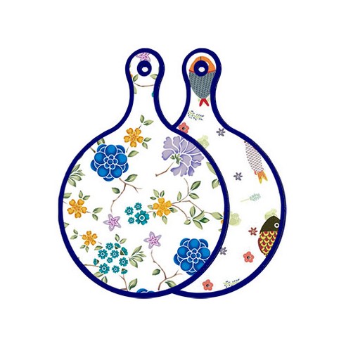로엠디자인 블루 에디션 양면 원형 서빙 도마 보드 로맨틱블루floral화이트, 물고기패턴, 1개
