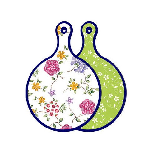 로엠디자인 블루 에디션 양면 원형 서빙 도마 보드 로맨틱레드floral화이트, 라인플라워 그린, 1개