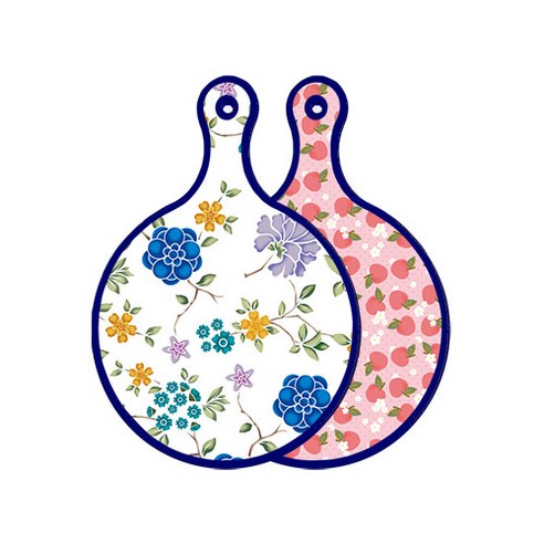 로엠디자인 블루 에디션 양면 원형 서빙 도마 보드 로맨틱블루floral화이트, 핑크복숭아, 1개