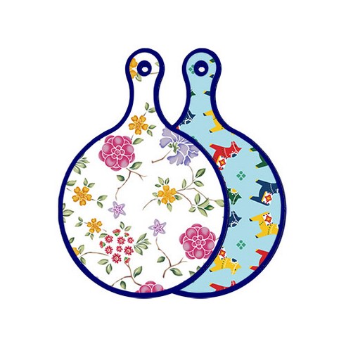 로엠디자인 블루 에디션 양면 원형 서빙 도마 보드 로맨틱레드floral화이트, 달라홀스, 1개