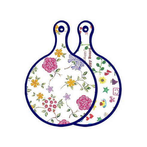 로엠디자인 블루 에디션 양면 원형 서빙 도마 보드 로맨틱레드floral화이트, 해피, 1개
