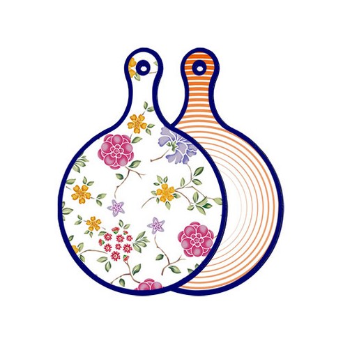 로엠디자인 블루 에디션 양면 원형 서빙 도마 보드 로맨틱레드floral화이트, 배추라인주황, 1개