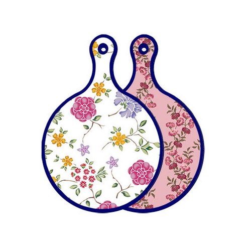 로엠디자인 블루 에디션 양면 원형 서빙 도마 보드 로맨틱레드floral화이트, 체리플라워, 1개