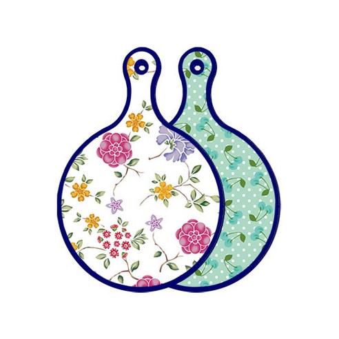 로엠디자인 블루 에디션 양면 원형 서빙 도마 보드 로맨틱레드floral화이트, 옥색체리, 1개