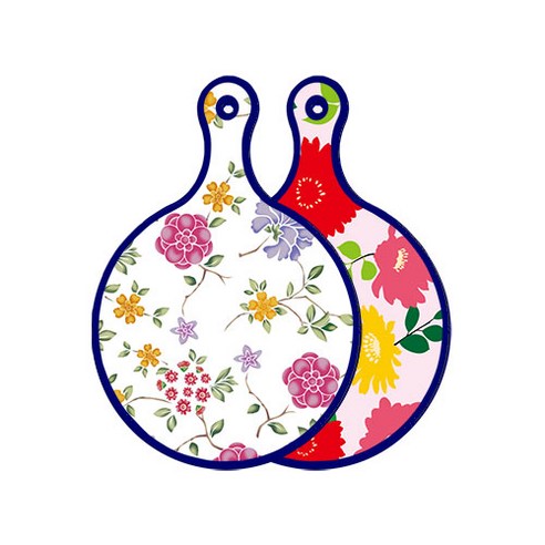 로엠디자인 블루 에디션 양면 원형 서빙 도마 보드 로맨틱레드floral화이트, 국화핑크분홍, 1개