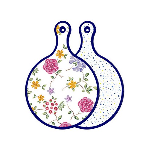 로엠디자인 블루 에디션 양면 원형 서빙 도마 보드 로맨틱레드floral화이트, 블루별, 1개