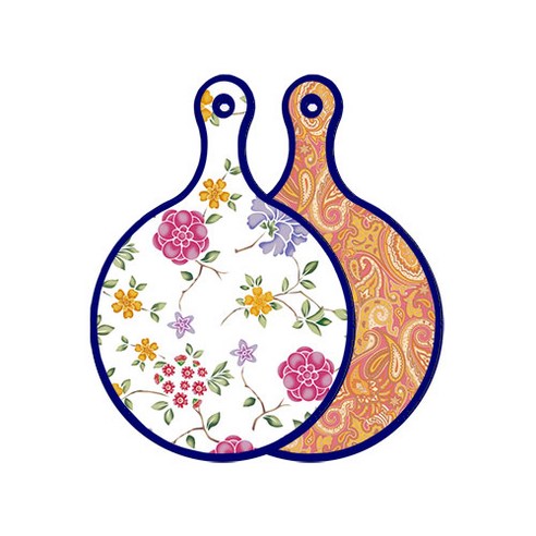 로엠디자인 블루 에디션 양면 원형 서빙 도마 보드 로맨틱레드floral화이트, 적황색라인아트, 1개