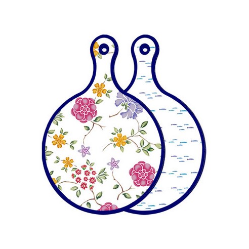 로엠디자인 블루 에디션 양면 원형 서빙 도마 보드 로맨틱레드floral화이트, 파스텔물고기떼, 1개