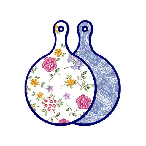 로엠디자인 블루 에디션 양면 원형 서빙 도마 보드 로맨틱레드floral화이트, 청백색라인아트, 1개