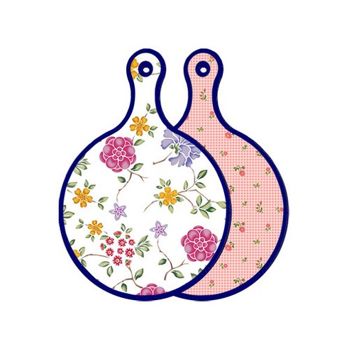 로엠디자인 블루 에디션 양면 원형 서빙 도마 보드 로맨틱레드floral화이트, 핑크플라워체크, 1개