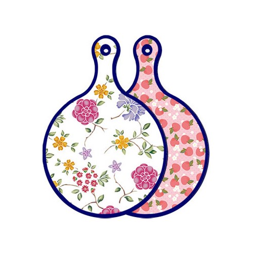 로엠디자인 블루 에디션 양면 원형 서빙 도마 보드 로맨틱레드floral화이트, 핑크복숭아, 1개