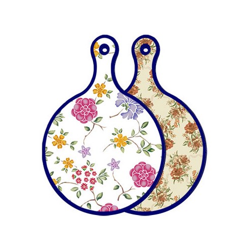 로엠디자인 블루 에디션 양면 원형 서빙 도마 보드 로맨틱레드floral화이트, 두목색플라워, 1개