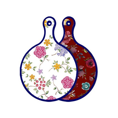 로엠디자인 블루 에디션 양면 원형 서빙 도마 보드 로맨틱레드floral화이트, 자주색플라워아트웍, 1개