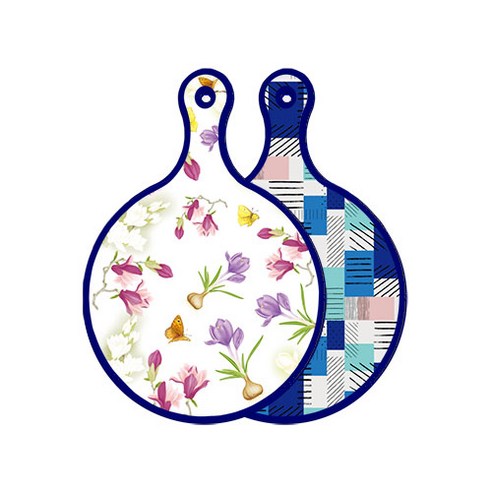 로엠디자인 블루 에디션 양면 원형 서빙 도마 보드 로맨틱청자색floral, 청색체크, 1개