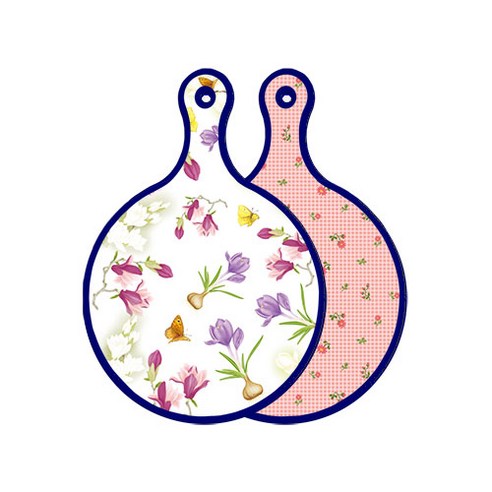 로엠디자인 블루에디션 양면 디자인 원형 서빙도마 로맨틱청자색floral, 핑크플라워체크, 1개