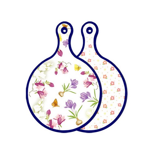 로엠디자인 블루에디션 양면 디자인 원형 서빙도마 로맨틱청자색floral, 훈색나팔꽃화이트, 1개
