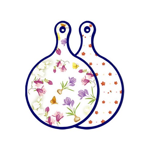 로엠디자인 블루 에디션 양면 원형 서빙 도마 보드 로맨틱청자색floral, 장단색나팔꽃, 1개