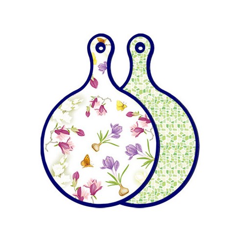 로엠디자인 블루 에디션 양면 원형 서빙 도마 보드 로맨틱청자색floral, 그린타일, 1개
