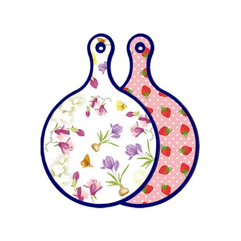 로엠디자인 블루에디션 양면 디자인 원형 서빙도마 로맨틱청자색floral, 핑크딸기, 1개