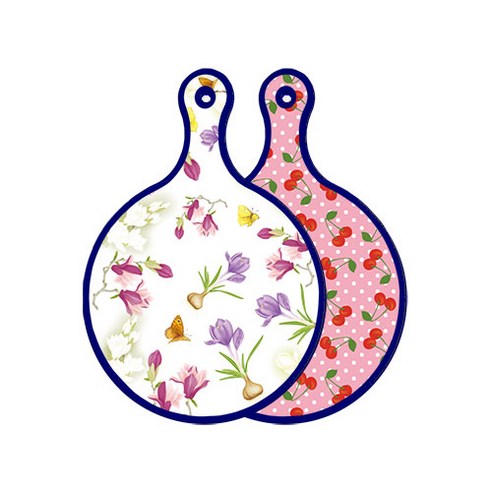 로엠디자인 블루에디션 양면 디자인 원형 서빙도마 로맨틱청자색floral, 핑크체리, 1개