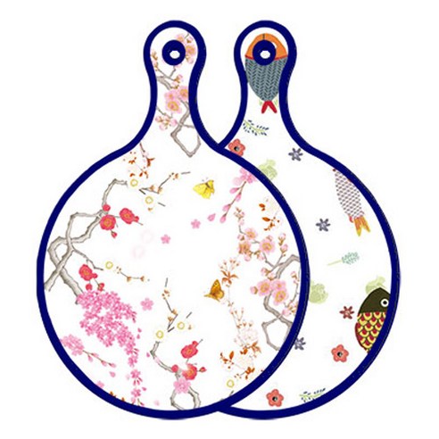 로엠디자인 블루에디션 양면 원형 서빙도마 로맨틱연지색floral, 물고기패턴, 1개