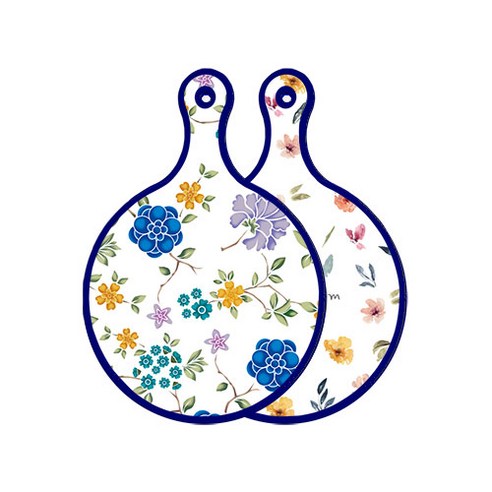 로엠디자인 블루에디션 양면 원형 서빙 도마 로맨틱블루floral화이트, 파스텔플라워패턴, 1개