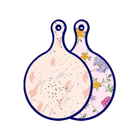 로엠디자인 블루에디션 양면 원형 서빙 도마 패턴자국, 로맨틱레드floral연분홍색, 1개