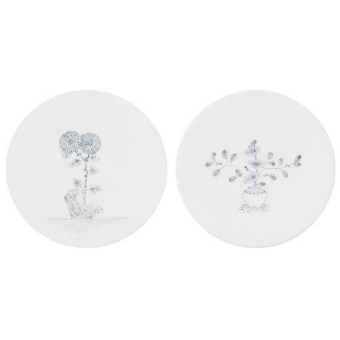 소리도예 이정용 상감 벽걸이 접시 2p, 국화, 기명절지, 1세트