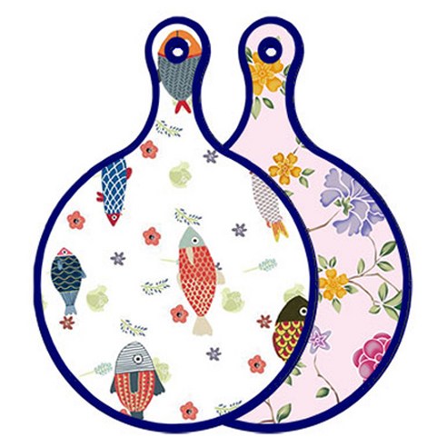 로엠디자인 블루에디션 양면 원형 서빙 도마 물고기패턴, 로맨틱레드floral연분홍색, 1개