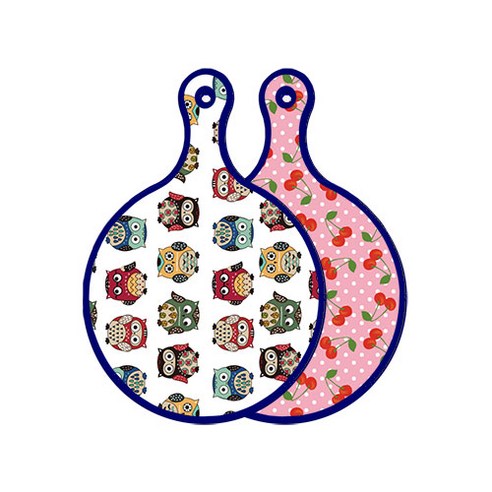 로엠디자인 블루에디션 양면 원형 서빙도마 보드 Cute부엉이, 핑크체리, 1개