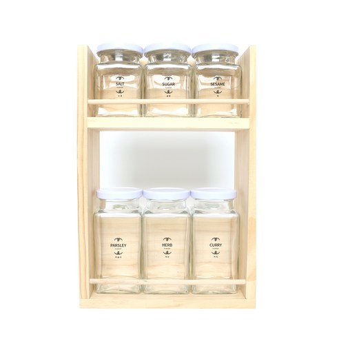 핸드팩토리 양념통 사각 스몰라지 화이트캡 6p세트, 1세트, 양념통 6p + 2단 양념통 우드선반 중 + 모던 라벨