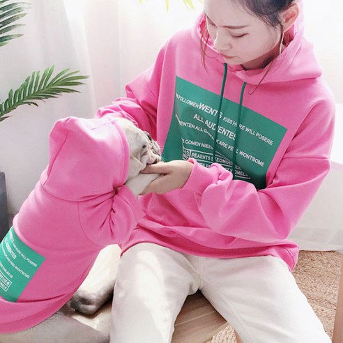 지와이에이펫 S&H 기모 프린팅 후드 반려견 견주 커플옷, 로즈 파우더, 블랙 3XL