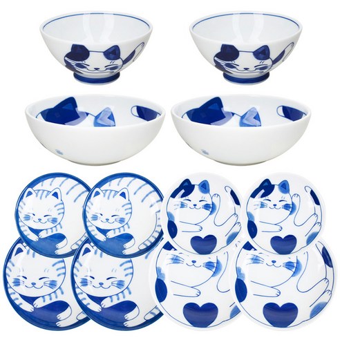헨느 야옹이 2인 어린이 그릇 세트 12p, 미케, 공기 2p + 대접 2p + 접시 10cm 4p + 찬기 14cm 4p