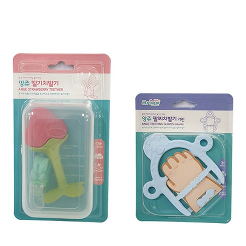 앙쥬 딸기 치발기 세트 + 팔찌 치발기 기린 블루, 혼합 색상