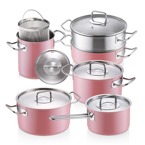 에델코첸 IH 솔리드 통3중 스테인리스 냄비세트 5종, 핑크, 편수 냄비 16cm + 펜토라 16cm + 양수 20cm + 곰솥 24cm + 캐서롤 24cm
