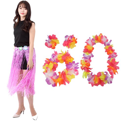 파티쇼 하와이파티훌라스커트 80cm + 파티꽃레이세트, 핑크, 1세트