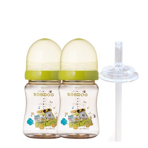 리틀밥독 PPSU 노꼭지젖병 트윈팩 + 교체용 빨대, 그린, 200ml, 1세트
