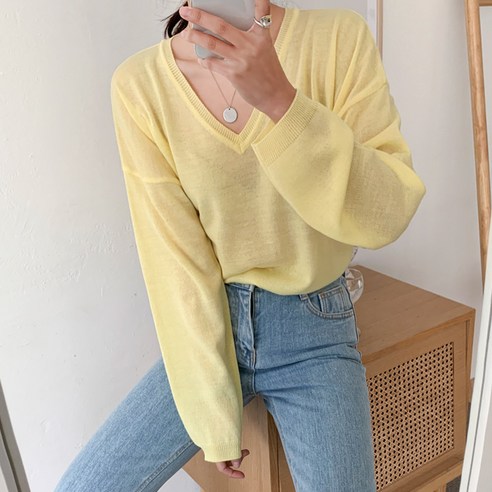 아모르데이 여성용 코지 니트 루즈핏 소프트 베이직 심플 데일리 시스루 브이넥 스웨터